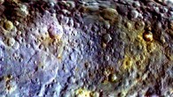 This color map of Ceres was created from images taken by the Dawn spacecraft during its initial approach to the dwarf planet. Images taken using blue, green and infrared spectral filters were combined to create the map; the filters were assigned to color channels in reverse order, compared to natural color. Image credit: NASA / JPL-Caltech / UCLA /MPS / DLR / IDA.