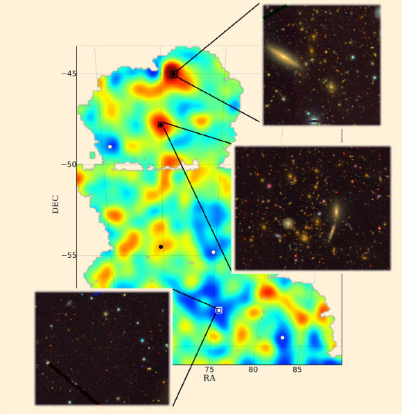 This map shows the detailed distribution of dark matter across a large area of sky. The color scale represents projected mass density: red and yellow represent regions with more dense matter. Clusters of galaxies are represented by gray dots on the map - bigger dots represent larger clusters. The insets are images of two galaxy clusters and a cosmic void. Image credit: Dark Energy Survey.