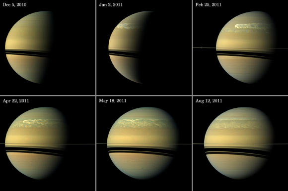 This series of images from NASA’s Cassini spacecraft shows the development of the largest storm seen on the planet since 1990. These true-color and composite near-true-color views chronicle the storm from its start in late 2010 through mid-2011, showing how the distinct head of the storm quickly grew large but eventually became engulfed by the storm’s tail. Also visible in these images are several of Saturn's moons and the shadows cast onto the planet by moons. For example, the planet’s second largest moon, Rhea, can be seen in the Feb. 25 view. These views were acquired at distances ranges from 1.4 million miles (2.2 million km) to 1.9 million miles (3.0 million km) from Saturn and at Sun-Saturn-spacecraft, or phase, angles of 41 degrees to 99 degrees. Image credit: NASA / JPL-Caltech / Space Science Institute.