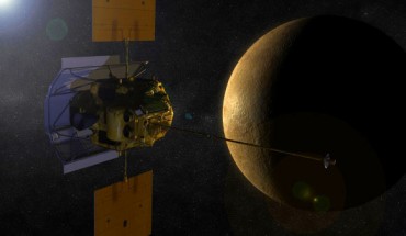 An artist’s concept shows MESSENGER in orbit around Mercury. Image credit: NASA.