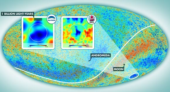 Map of the CMB; the insets show the environment of the Cold Spot. Image credit: ESA Planck Collaboration / Gergö Kránicz.