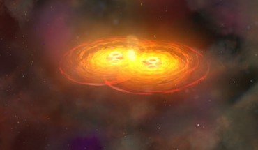 Artist’s depiction of a black hole merger. Image credit: NASA / CXC / A. Hobart / Josh Barnes, University of Hawaii / John Hibbard, NRAO.
