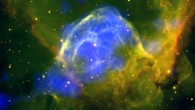 This composite image shows the Thor’s Helmet Nebula, also known NGC 2359. It combines X-ray data collected by XMM-Newton (blue) with optical observations from the Star Shadows Remote Observatory (green and red). North is to the left, west is up. Image credit: J.A. Toala & M.A. Guerrero, IAA-CSIC / Y.-H. Chu, UIUC-ASIAA / R.A. Gruendl, UIUC / S. Mazlin, J. Harvey, D. Verschatse & R. Gilbert, SSRO-South / ESA.