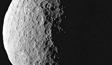 The two mysterious bright spots are located in a crater that’s 92 km wide (top of the image). Image credit: NASA / JPL-Caltech / UCLA / MPS / DLR / IDA.