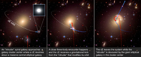 This image illustrates the creation of a runaway galaxy. In the first panel, an ‘intruder’ spiral galaxy approaches a galaxy cluster center, where a compact elliptical galaxy already revolves around a massive central elliptical galaxy. In the second panel, a close encounter occurs and the compact elliptical receives a gravitational kick from the intruder. In the third panel, the compact elliptical escapes the galaxy cluster while the intruder is devoured by the giant elliptical galaxy in the cluster center. Image credit: NASA / ESA / Hubble Heritage Team.