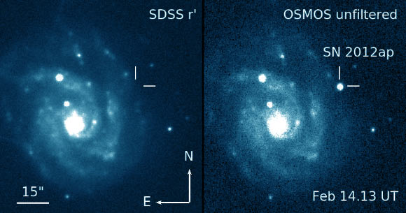 Images of SN 2012ap and its host galaxy, NGC 1729. Image credit: D. Milisavljevic et al.