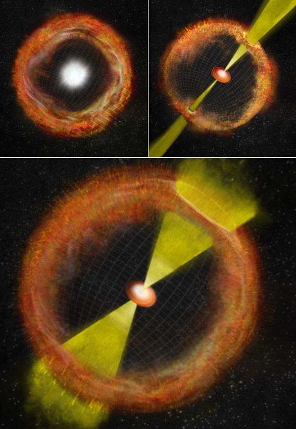 In an ordinary core-collapse supernova with no ‘central engine,’ ejected material expands outward nearly spherically, left. At right, a strong central engine propels jets of material at nearly the speed of light and generates a gamma-ray burst. The lower panel shows an intermediate supernova like SN 2012ap, with a weak central engine, weak jets, and no gamma-ray burst. Image credit: Bill Saxton / NRAO / AUI / NSF.