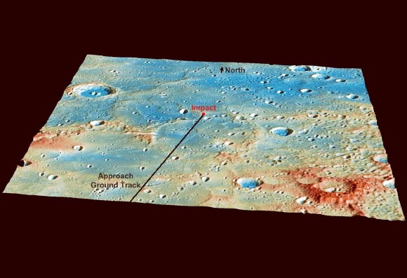 MESSENGER’s impact location: the tallest regions are colored red and are roughly 3 km (1.9 miles) higher than low-lying areas such as the floors of impact craters, colored blue; the large crater on the left side of the image is Janacek, with a diameter of 48 km (30 miles). Image credit: NASA / Johns Hopkins University Applied Physics Laboratory / Carnegie Institution of Washington.