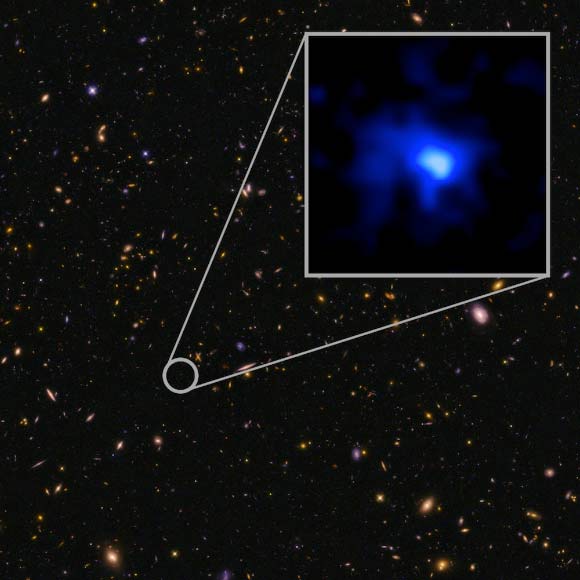 EGS-zs8-1 was identified in this Hubble image of a field of galaxies in the CANDELS survey; the inset image of EGS-zs8-1 is blue, suggesting very young stars. Image credit: NASA / ESA / P. Oesch & I. Momcheva, Yale University / 3D-HST / HUDF09 / XDF.