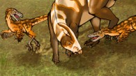 Two individuals of Saurornitholestes sullivani attack a subadult hadrosaur Parasaurolophus tubicen. Image credit: Mary P. Williams.