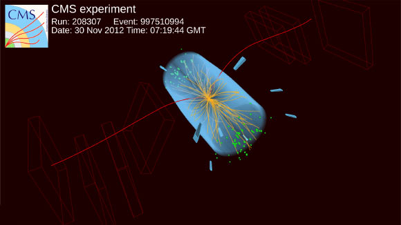 Event display from the CMS experiment shows examples of collisions that produced candidates for the rare decay of the Bs0 meson. Image credit: CMS Collaboration.