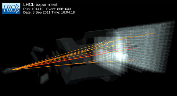 Event display from the LHCb experiment shows examples of collisions that produced candidates for the rare decay of the Bs0 meson. Image credit: LHCb Collaboration.