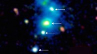 This image shows the quadruple quasar SDSS J0841+3921 (quasars are indicated by arrows). Image credit: Joseph Hennawi / Fabrizio Arrigoni-Battaia.