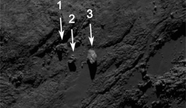 Image of the boulders taken by the Rosetta spacecraft on September 19, 2014 from a distance of about 18 miles (29 km). Image credit: ESA / Rosetta / MPS / OSIRIS Team / UPD / LAM / IAA / SSO / INTA / UPM / DASP / IDA.