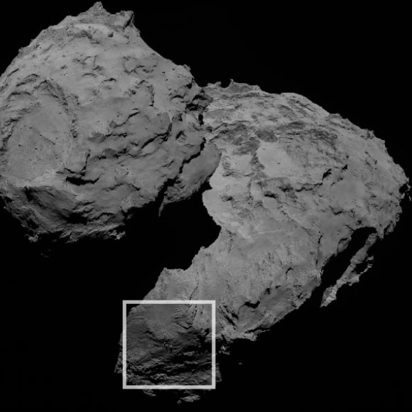 The three curious boulders are found in the Aker region of 67P/Churyumov-Gerasimenko, on the comet’s large lobe. Image credit: ESA / Rosetta / MPS / OSIRIS Team / UPD / LAM / IAA / SSO / INTA / UPM / DASP / IDA.