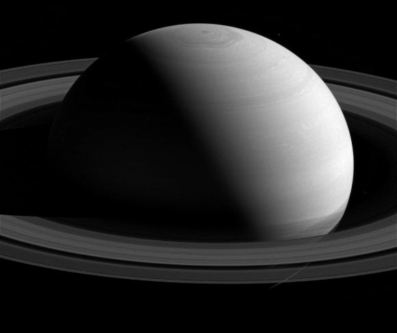 Mimas, to the upper-right of Saturn, has been brightened by a factor of 2 for visibility. Image credit: NASA / JPL-Caltech / Space Science Institute.