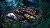 Artist’s rendering of an ancestral crown-group snake and the early mammal Yanoconodon. Image credit: Julius Csotonyi.