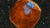 An image from a simulation in which a Type Ia supernova explodes, as shown in brown. The supernova material is ejected outward at a velocity of about 10,000 km per second and slams into its companion star, as shown in light blue. The collision produces an UV pulse, which is emitted from the conical hole carved out by the companion star. Image credit: Dan Kasen, University of California Berkeley.