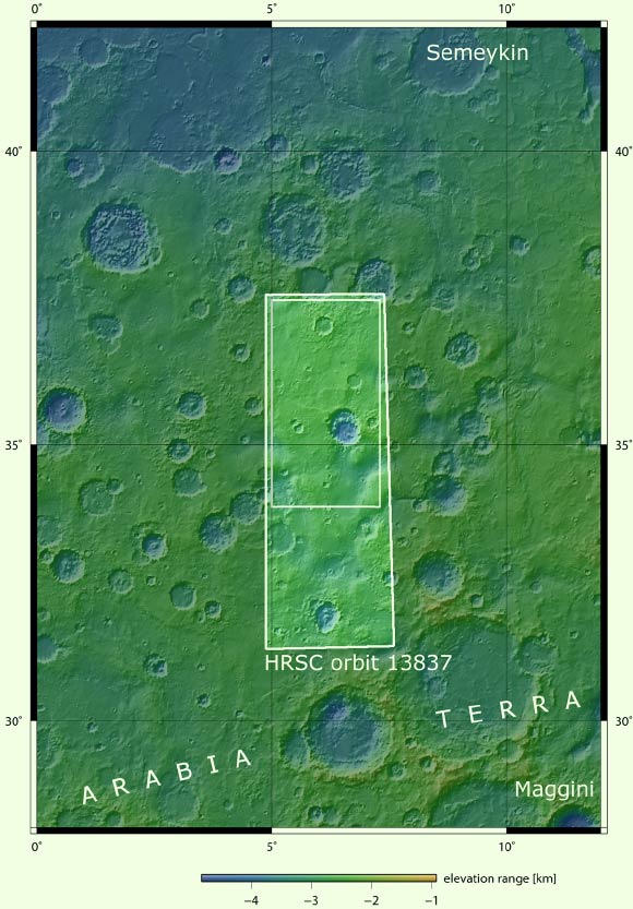 This context image shows the portion of the Arabia Terra region on Mars that was imaged by the High Resolution Stereo Camera on ESA’s Mars Express on 26 November 2014. Siloe Patera is the largest feature in the region outlined by the inner white box. Image credit: NASA / MGS / MOLA Science Team.