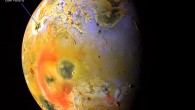 This global view of Io was obtained by NASA’s Galileo spacecraft on 19 September 1997 at a range of more than 500,000 km (310,000 miles). In this image, deposits of sulfur dioxide frost appear in white and grey hues while yellowish and brownish hues are probably due to other sulfurous materials. Bright red materials and ‘black’ spots with low brightness mark areas of recent volcanic activity and are usually associated with high temperatures and surface changes. Image credit: NASA / JPL / University of Arizona.