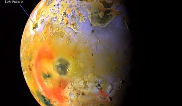 This global view of Io was obtained by NASA’s Galileo spacecraft on 19 September 1997 at a range of more than 500,000 km (310,000 miles). In this image, deposits of sulfur dioxide frost appear in white and grey hues while yellowish and brownish hues are probably due to other sulfurous materials. Bright red materials and ‘black’ spots with low brightness mark areas of recent volcanic activity and are usually associated with high temperatures and surface changes. Image credit: NASA / JPL / University of Arizona.
