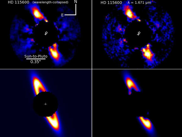 Images of HD 115600 showing a bright nearly edge-on debris ring located just beyond a Pluto-like distance to the star. Image credit: Thayne Currie et al.