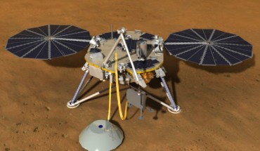 This artist’s rendition shows the InSight Mars lander spacecraft on the Red Planet. Image credit: NASA / JPL-Caltech.