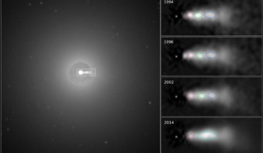 In this image of the central region of the elliptical galaxy NGC 3862, an extragalactic jet of material moving at nearly the speed of light can be seen at the three o’clock position. The jet of ejected plasma is powered by energy from a supermassive black hole at NGC 3862’s center. A sequence of Hubble images of knots (in red, green, and blue) shows them moving along the jet over a 20-year span of observing. Astronomers were surprised to discover that the central knot (green) caught up with and merged with the knot in front of it (blue). Image credit: NASA / ESA / E. Meyer, STScI.