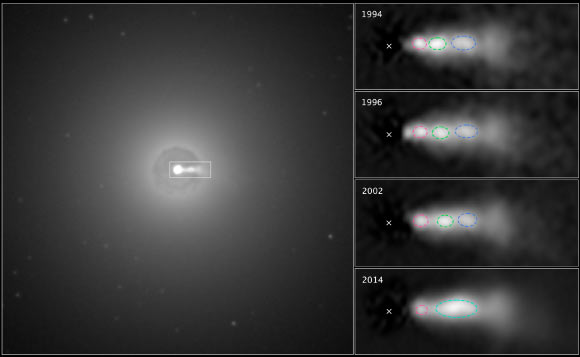 In this image of the central region of the elliptical galaxy NGC 3862, an extragalactic jet of material moving at nearly the speed of light can be seen at the three o’clock position. The jet of ejected plasma is powered by energy from a supermassive black hole at NGC 3862’s center. A sequence of Hubble images of knots (in red, green, and blue) shows them moving along the jet over a 20-year span of observing. Astronomers were surprised to discover that the central knot (green) caught up with and merged with the knot in front of it (blue). Image credit: NASA / ESA / E. Meyer, STScI.