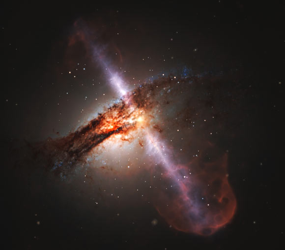 This artist’s impression illustrates how high-speed jets from supermassive black holes would look. Image credit: ESA / Hubble / L. Calçada, ESO.