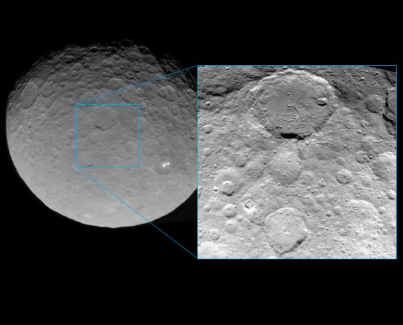 This image of Ceres’ surface shows finer details coming into view as Dawn spirals down to increasingly lower orbits. Image credit: NASA / JPL-Caltech / UCLA / MPS / DLR / IDA.