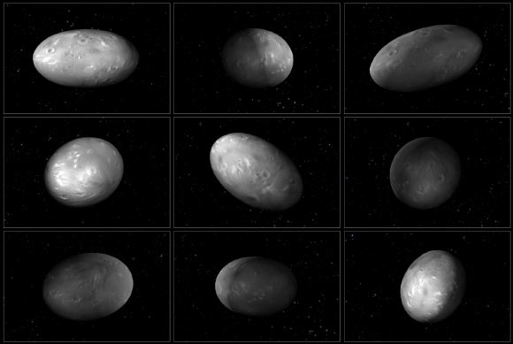 This set of illustrations of Pluto’s moon Nix shows how the orientation of the moon changes unpredictably as it orbits the Pluto-Charon system. This illustration is based on a computer simulation which calculated the chaotic movement of the four smaller moons in the Pluto-Charon system. Image credit: NASA / ESA / M. Showalter, SETI Institute / G. Bacon, STScI.