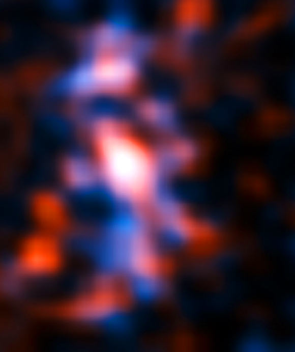 ALMA has produced a spectacularly detailed image of SDP.81. The image reveals several dust clouds within the galaxy, which are thought to be giant cold molecular clouds, the birthplaces of stars and planets. Image credit: ALMA / NRAO / ESO / NAOJ / Mark Swinbank, Durham University.