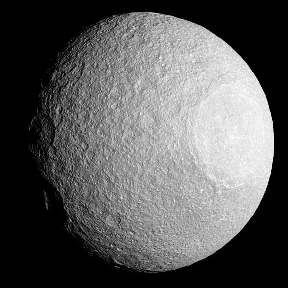 This view of Tethys was taken by NASA’s Cassini spacecraft on April 11, 2015. The crater Odysseus is seen at the right of the image. Image credit: NASA / JPL-Caltech / Space Science Institute.