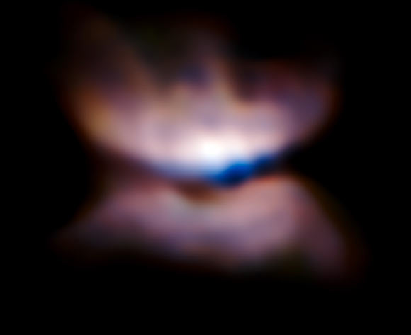 This image from ESO’s Very Large Telescope shows a butterfly-like nebula around the red giant star L2 Puppis. Image credit: ESO / Pierre Kervella.
