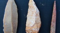 Two stone tool points made using a prismatic blade technique (left and center), and a bone point or needle (right). The finds give anthropologists a new window onto a transitional time, on the cusp of modern human cultural behaviors. Image credit: Emory University.
