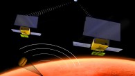 This artist’s concept shows two MarCO CubeSats and the Mars lander InSight. Image credit: NASA / JPL-Caltech.
