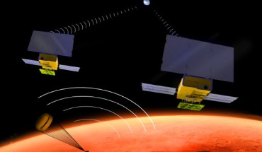 This artist’s concept shows two MarCO CubeSats and the Mars lander InSight. Image credit: NASA / JPL-Caltech.