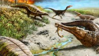 Around 212 million years ago in what is now northern New Mexico, early dinosaurs such as the meat-eating dinosaur in background were small and rare, whereas other reptiles such as the long-snouted phytosaurs and armored aetosaurs were quite common. Image credit: Victor Leshyk.