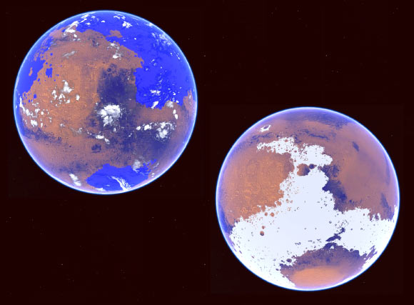 Conceptual rendition of the competing warm and cold scenarios for early Mars. Image credit: Robin D. Wordsworth.