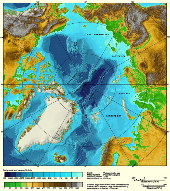 Bathymetric map of the Arctic Ocean.