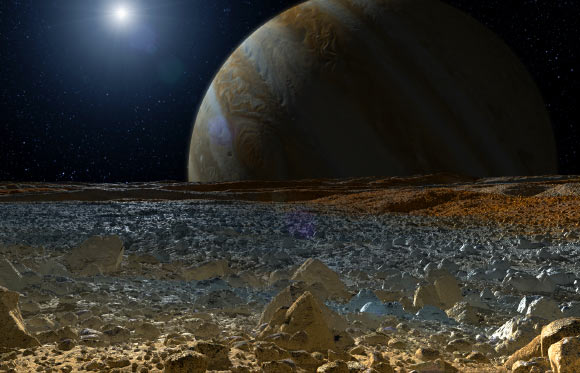 Artist’s concept shows a simulated view from the surface of Jupiter’s moon Europa. Image credit: NASA / JPL-Caltech.