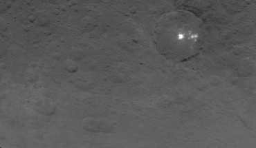 A cluster of bright spots can be seen in this image. The image was captured on June 9, 2015, when Dawn was nearly 2,700 miles (4,400 km) from the dwarf planet. Image credit: NASA / JPL-Caltech / UCLA / MPS / DLR / IDA.