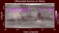Map of MAVEN’s auroral detections in December 2014 overlaid on the surface of Mars: the map shows that the aurora was widespread in the northern hemisphere, not tied to any geographic location. Image credit: University of Colorado.