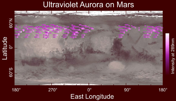 Map of MAVEN’s auroral detections in December 2014 overlaid on the surface of Mars: the map shows that the aurora was widespread in the northern hemisphere, not tied to any geographic location. Image credit: University of Colorado.