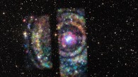 A set of four rings around Circinus X-1 can be seen in this composite image where X-rays from Chandra are red, green, and blue corresponding to low, medium, and high-energy X-rays respectively, which have been combined with a view in visible light from the Digitized Sky Survey. The sharp edges are caused by the large size of the X-ray rings compared to the relatively small field-of-view of the Chandra detectors, providing only partial coverage. Image credit: NASA / CXC / University of Wisconsin-Madison / S. Heinz et al / DSS.