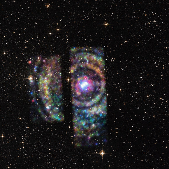 A set of four rings around Circinus X-1 can be seen in this composite image where X-rays from Chandra are red, green, and blue corresponding to low, medium, and high-energy X-rays respectively, which have been combined with a view in visible light from the Digitized Sky Survey. The sharp edges are caused by the large size of the X-ray rings compared to the relatively small field-of-view of the Chandra detectors, providing only partial coverage. Image credit: NASA / CXC / University of Wisconsin-Madison / S. Heinz et al / DSS.