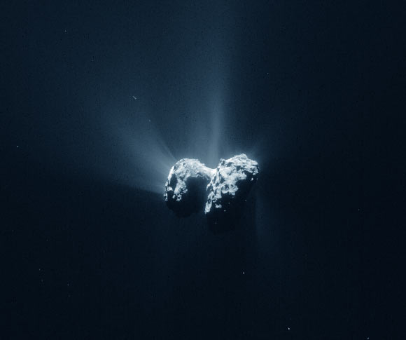 This false-color image of 67P/Churyumov-Gerasimenko was taken by the Rosetta navigation camera on 15 June 2015 from a distance of 207 km from the comet center. Image credit: ESA / Rosetta / NAVCAM / CC BY-SA IGO 3.0.