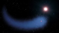 This artist’s concept shows the huge cloud of hydrogen bleeding off of the Neptune-sized exoplanet Gliese 436b. Image credit: NASA / ESA / STScI / G. Bacon.