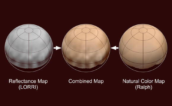 New Horizons mission’s first map of the dwarf planet Pluto is in approximate true color. Left: map of the planet’s northern hemisphere composed using black-and-white images from the LORRI instrument. Right: map of Pluto’s colors created using data from the Ralph instrument. Center: combined map, produced by merging the LORRI and Ralph data. Image credit: NASA / Johns Hopkins University Applied Physics Laboratory / Southwest Research Institute.